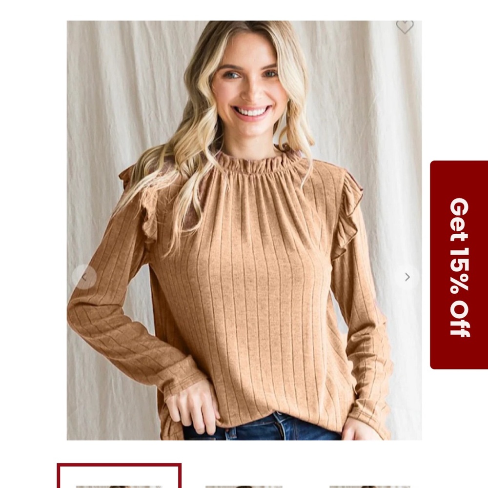 Bohme Ribbed Tan Ruffle Blouse - Picture 3 of 3
